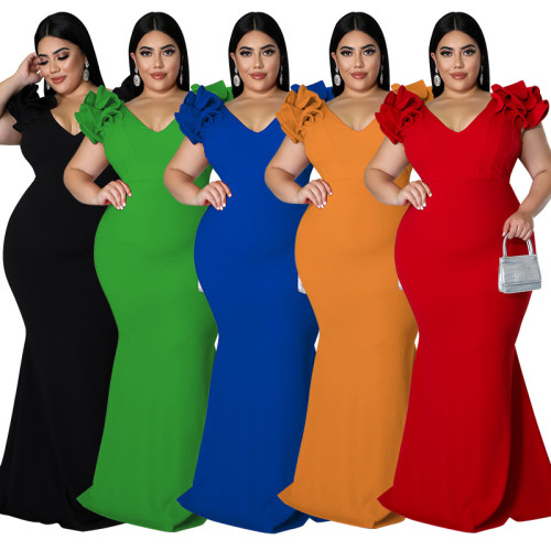 ファッションプラスサイズの女性の夏のセクシーなフリルスリーブボディコンローバックドレスドレス