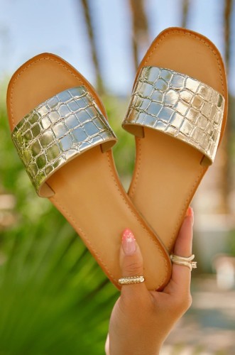Плоские тапочки с квадратным носком Плоские тапочки больших размеров Золотые уличные тапочки Блестящие кожаные тапочки