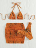 Mermer desenli file Üç Parça etekli mayo bikini
