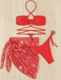 drawstring Lace-Up skirt mesh Three-Piece swimsuit bikini