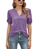 Women's Top Summer Casual V-Neck Solid Color Puff Sleeve Loose T-Shirt Women