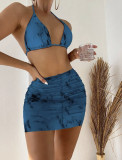 Marble print mesh Three-Piece skirt swimsuit bikini