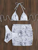 Bikini maillot de bain jupe trois pièces en résille imprimé marbré