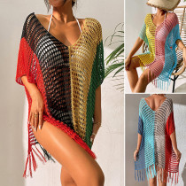 Blusa feminina de biquíni de praia com decote em V e franjas com contraste de cores