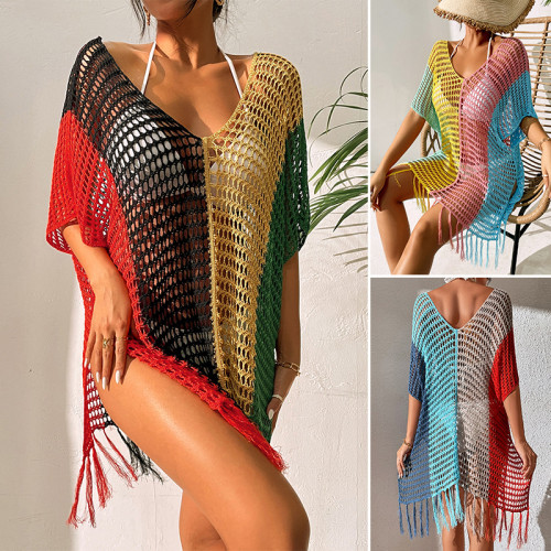 Женская цветная контрастная свободная пляжная блузка бикини с V-образным вырезом и бахромой