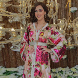 Women Muslim Pink Floral Print Belt Dress
