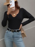 Women Wavy Neck Long Sleeve Solid Color Sweater