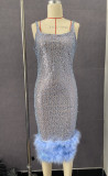 Women Sleeveless Pearl Feather Patchwork Sequin Sexy Evening Dress
