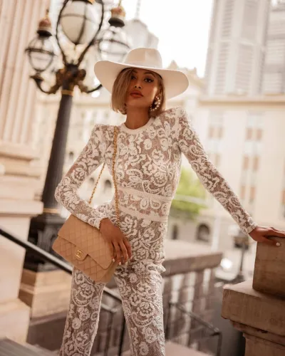 Women Lace Crew Neck Long Sleeve Slim Jumpsuit