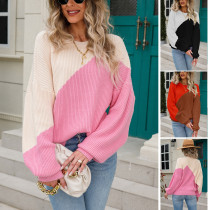 Women Irregular Contrast Round Neck Long Sleeve Sweater