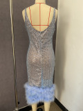 Women Sleeveless Pearl Feather Patchwork Sequin Sexy Evening Dress