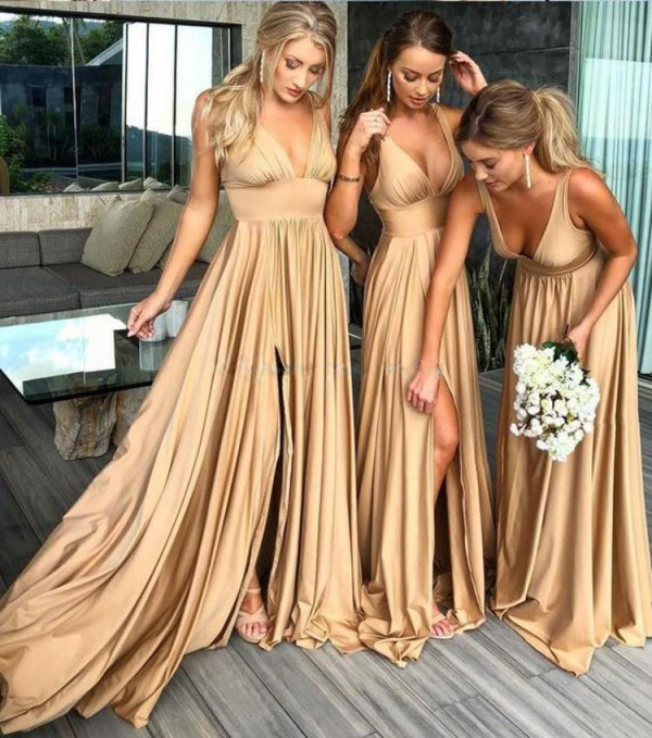 Women Straps Deep V Bridesmaid Dress Slit Dress