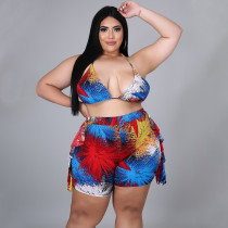 Plus Size Women Print Camisole + Wave Shorts Two-Piece Set