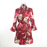 Temptation Sexy Pajamas Simulation Silk Ruffle Sleeve Cardigan Robe Nightgown