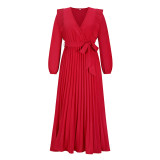 Automne/hiver vêtements pour femmes couleur unie à manches longues Chic Wrap col en V robe Maxi plissée robe longue