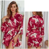 Temptation Sexy Pajamas Simulation Silk Ruffle Sleeve Cardigan Robe Nightgown