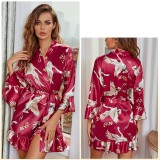 Temptation Sexy Pyjamas Simulation Silk Ruffle Sleeve Cardigan Robe Nightgown