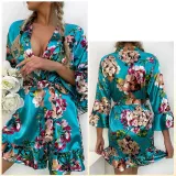 Temptation Sexy Pajamas Simulation Silk Ruffle Sleeve Cardigan Robe Nightgown