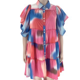 Tendance d'été Tie Dye Imprimer Col rabattu Chemise plissée Mode Casual Plus Size Vêtements pour femmes Robe