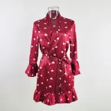 Temptation Sexy Pajamas Simulation Silk Ruffle Sleeve Cardigan Robe Nightgown