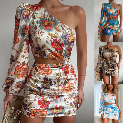 Summer Women's Sexy Fashion Trend Print Slash Shoulder One Sleeve Mini Club Dress