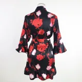 Temptation Sexy Pajamas Simulation Silk Ruffle Sleeve Cardigan Robe Nightgown
