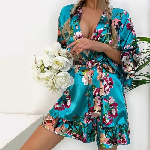 Temptation Sexy Pajamas Simulation Silk Ruffle Sleeve Cardigan Robe Nightgown