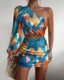 Summer Women's Sexy Fashion Trend Print Slash Shoulder One Sleeve Mini Club Dress