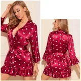 Temptation Sexy Pajamas Simulation Silk Ruffle Sleeve Cardigan Robe Nightgown