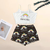 Summer Ladies Sexy Strap Shorts Pajama Set Cartoon Pattern Print Homewear