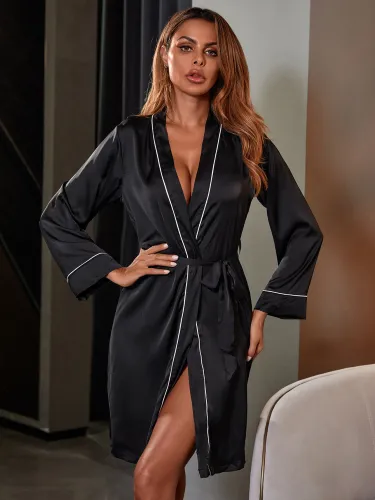 Spring And Summer Female Imulation Silk Pajamas Sexy Cardigan Hotel Nightgown Bathrobe Home Wear
