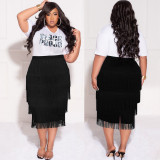 Plus Size Women's Letter Print T-Shirt Skirt Two Piece Short Sleeve Fringe Skirt Set