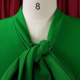 Plus Size Women Summer V-Neck Tie Solid Color Waist Pleated Dress