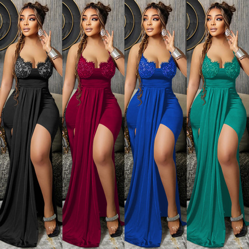 Mode Einfarbig Elegant Sexy V-Ausschnitt Sling Low Back Unregelmäßiges Kleid Langes Kleid