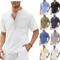 Camiseta de playa de manga corta con bolsillo informal de lino para hombre