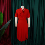 Plus Size Women Summer V-Neck Tie Solid Color Waist Pleated Dress
