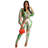 Spring Autumn Print Multicolor Long Sleeve Shirt Trousers Lounge Casual Set
