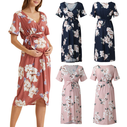 Spring Summer Women's Fashion Print Short Sleeve Maternity Lace Up Dress Long Skirt