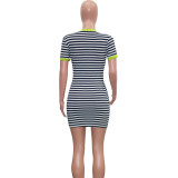 Fashion Casual Striped Letter Print Pocket Slim Bodycon Dress Women's T Skirt