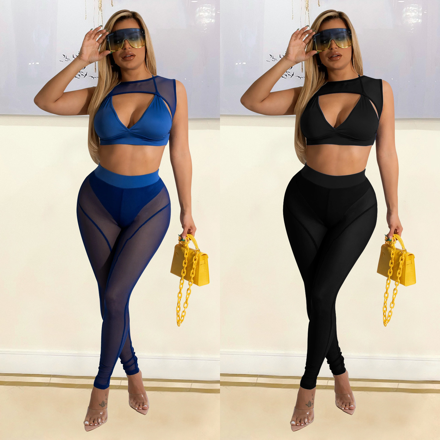 Sexy Sheer Mesh Patchwork Women Two Piece Outfits Cut Out Tank