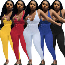 Women's Simple American Sports Vest Jumpsuit Summer Solid Color knitting Ribbed Trousers Women