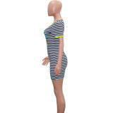 Fashion Casual Striped Letter Print Pocket Slim Bodycon Dress Women's T Skirt
