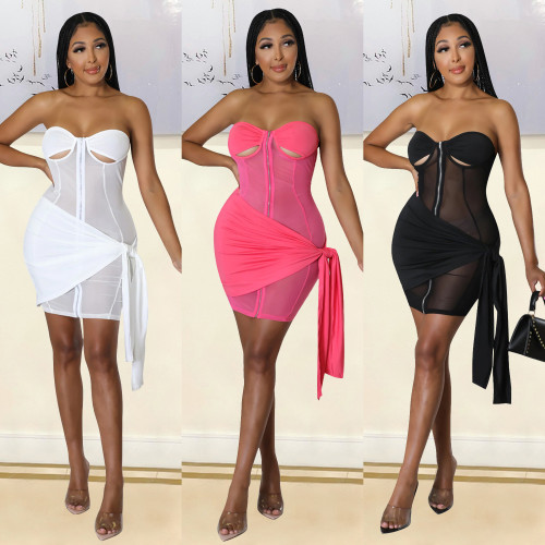 Mode d'été pour femmes Sexy Slim Fit Mesh See-Through Dress Deux pièces pour femmes