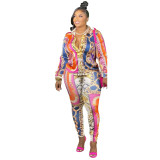 Spring Autumn Print Multicolor Long Sleeve Shirt Trousers Lounge Casual Set