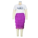 Plus Size Women's Letter Print T-Shirt Skirt Two Piece Short Sleeve Fringe Skirt Set