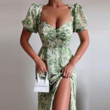 Robe fendue sexy à encolure carrée florale Chic Career pour femmes