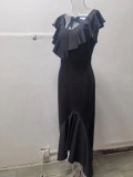 Women Elegant V-Neck Ruffle Irregular Maxi Dress