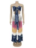 Summer Nightclub-Beach Style Tie-Dye Print Pleated Wrap Chest Strapless Top Sexy Two Piece Pants Set