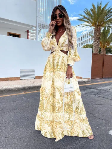 Fashion Women Clothing Spring Long Printed V-Neck Long Sleeve Maxi Dress