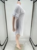 Women Clothing Round Neck Print Plus Size Ruffle Sleeve Loose Casual Dress